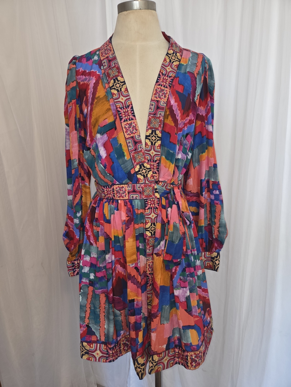 Colorful Abstract Printed V-Neck Long Sleeve Dress